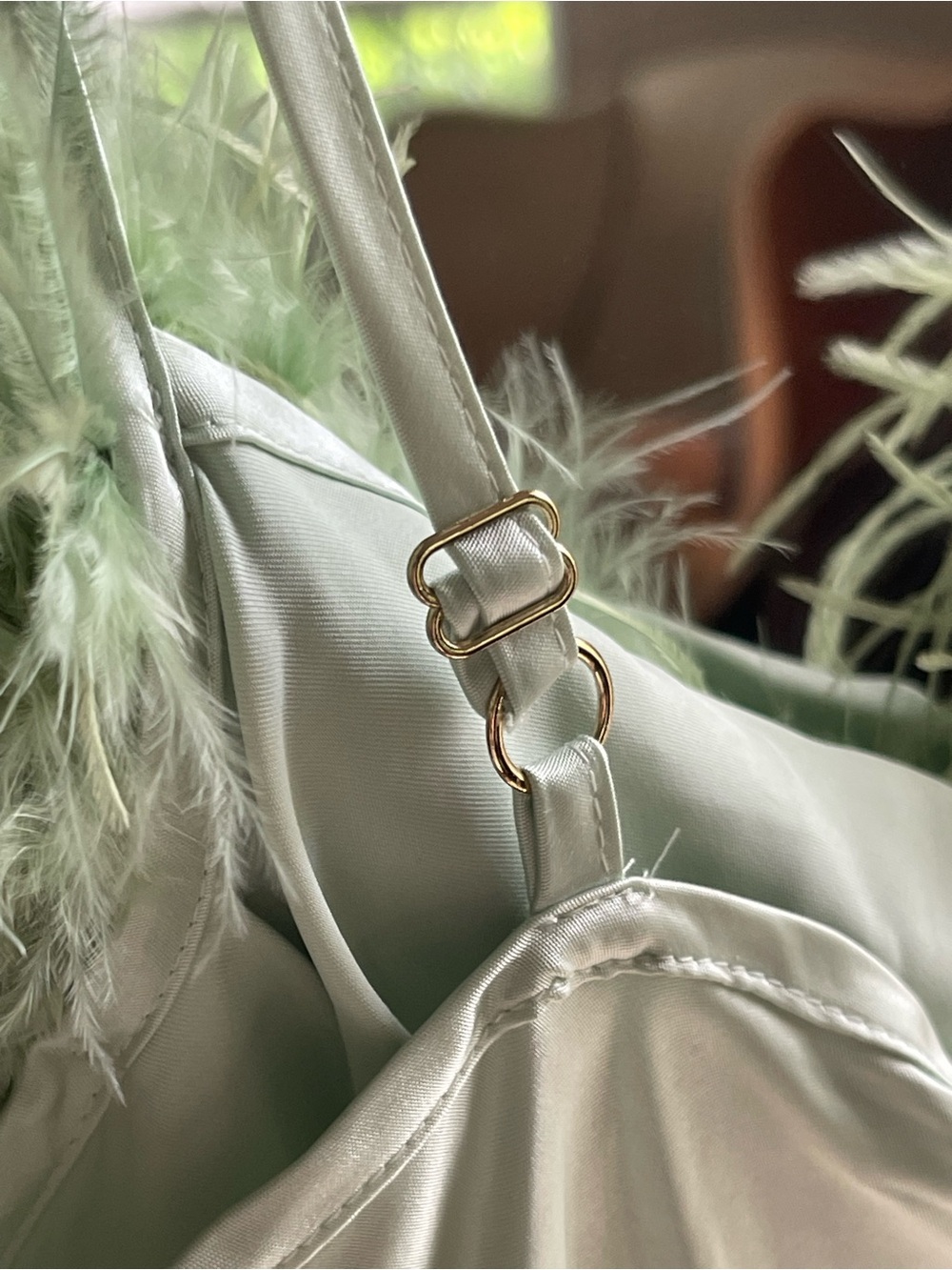Sleeper NWT Boheme Feather-Trimmed Satin Slip Mini Dress in mint green - Picture 9 of 10